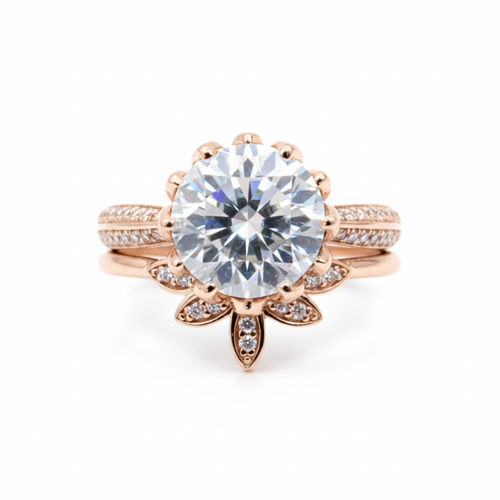 Round cut Moissanite engagement set vintage White gold Lotus Flower engagement ring woman Diamond wedding set Unique Bridal Anniversary set