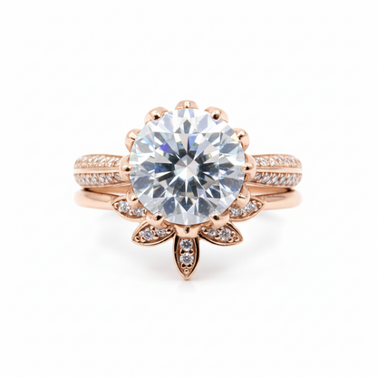 Round cut Moissanite engagement set vintage White gold Lotus Flower engagement ring woman Diamond wedding set Unique Bridal Anniversary set