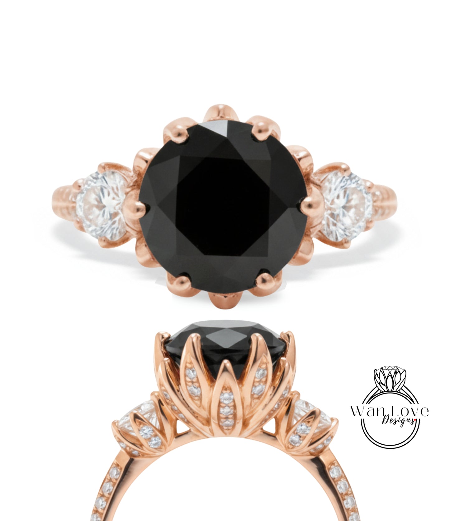 a beautiful engagement ring with a large black diamond as the centerpiece. The ring is adorned with a delicate floral design and is complemented by smaller diamonds on the band. The image showcases the ring from various angles, highlighting its intricate details and elegant design.