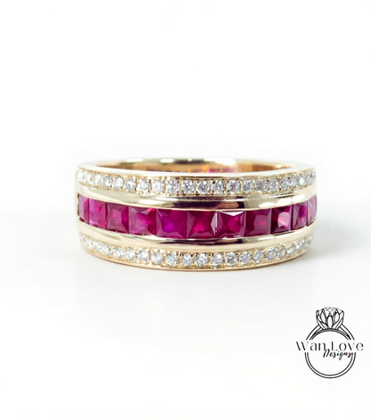 Mens Diamond Wedding Band, Princess Round cut Moissanite Mens Wedding Ring, Lab Diamond Mens Wedding Band, 10k/14k/18k Mens Birthstone Band