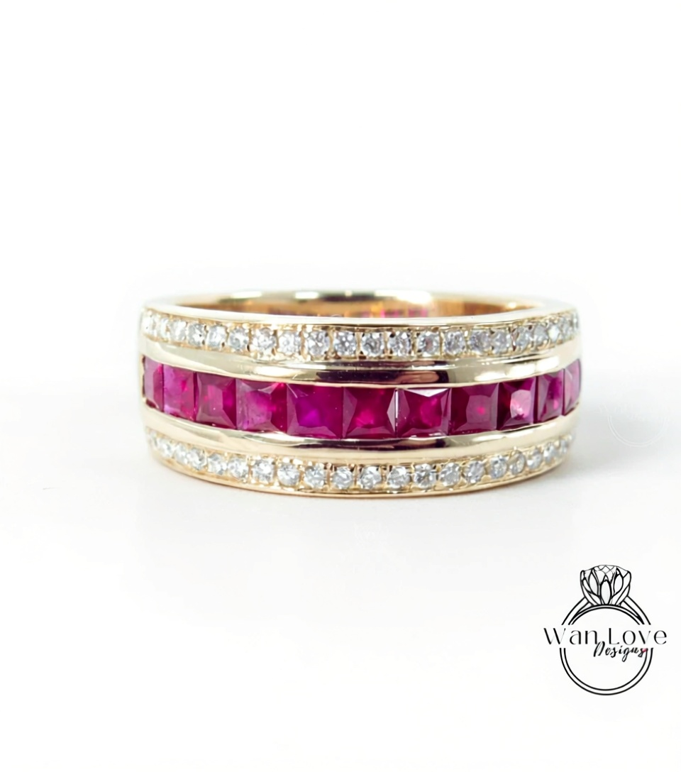 Princess cut Sapphire and Diamond Men's Ring in 14k White Gold | Sapphire Mens Ring | Mans Wedding Ring | Birthstone Ring Gifts For Him