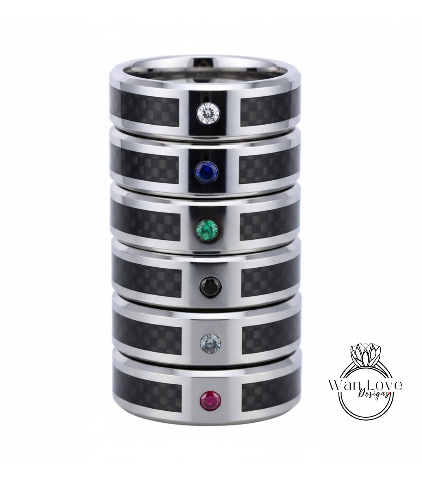A stack of silver rings with gemstones, including a diamond and four different colored gemstones.