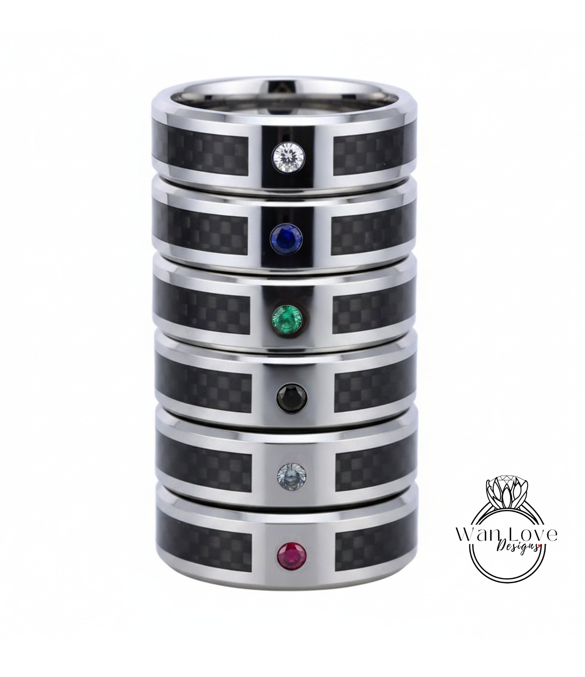 A stack of silver rings with gemstones, including a diamond and four different colored gemstones.