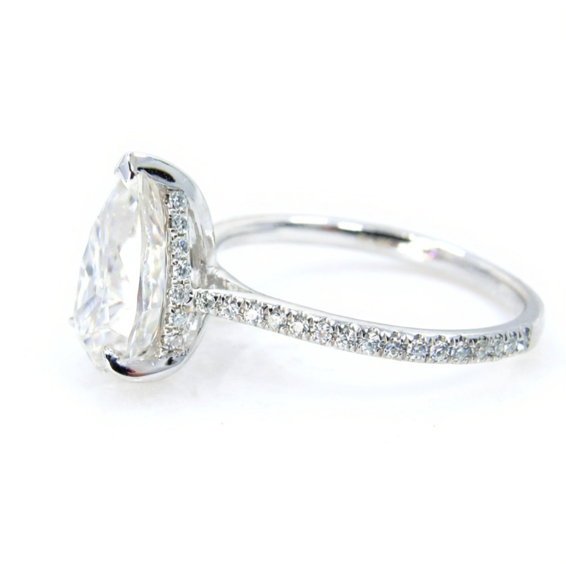 Ready to ship 3ct Moissanite Hidden Side Halo Pear Engagement Ring 14k White Gold, Almost Eternity 3/4 Band Shank, WanLoveDesigns Wan Love Designs