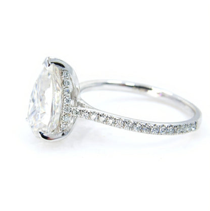 Ready to ship 3ct Moissanite Hidden Side Halo Pear Engagement Ring 14k White Gold, Almost Eternity 3/4 Band Shank, WanLoveDesigns Wan Love Designs