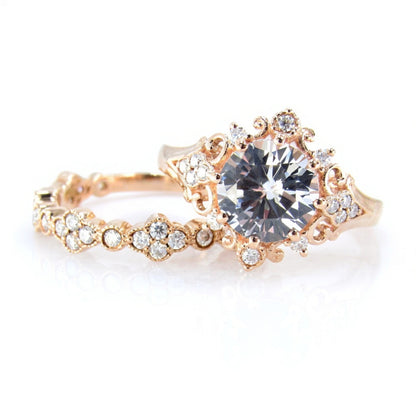 White Sapphire Moissanite Engagement Ring Floral Quatrefoil Ornate Round Wedding Band Set 2ct-8mm-Rose gold-Custom-Gift-Ready to Ship