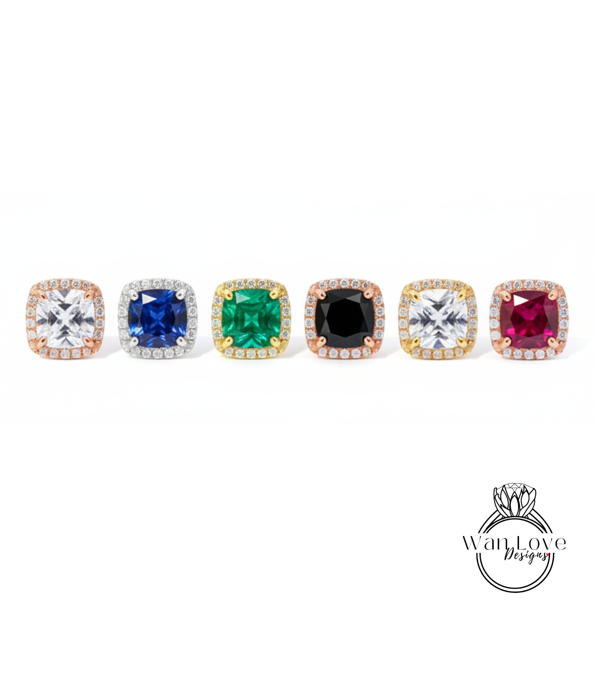 A row of six diamond-encrusted earrings with various colored gemstones, including blue, green, black, and red diamonds.