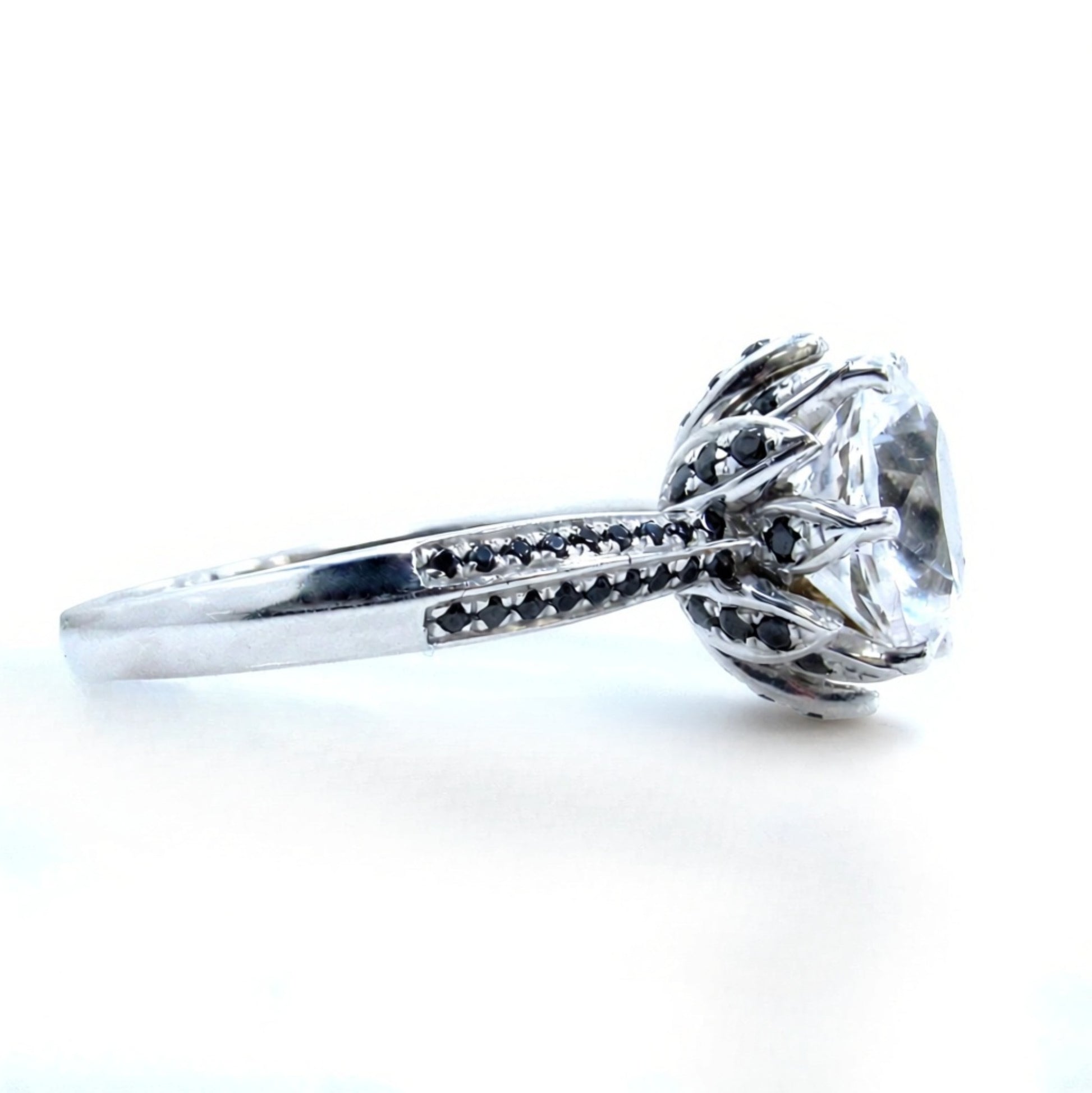 Black & White Moissanite Diamond Lotus Flower Engagement Ring vintage round woman nature petals ring Unique Bridal ring Anniversary gift Wan Love Designs