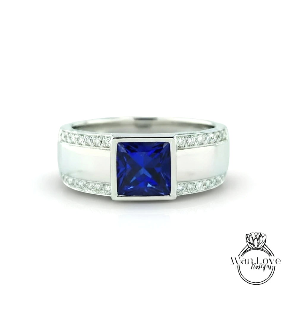 Moissanite Diamond Mens Ring, 14k white gold diamond men's ring, 2 row mans diamond ring, Modern gemstone ring, 14K White Gold, Wedding Band