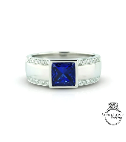 Moissanite Diamond Mens Ring, 14k white gold diamond men's ring, 2 row mans diamond ring, Modern gemstone ring, 14K White Gold, Wedding Band