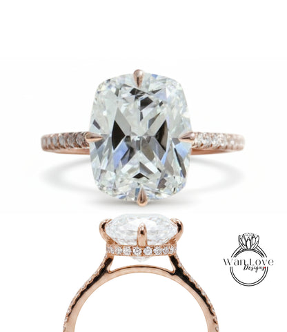 a large, clear diamond engagement ring with a rose gold band and a large central diamond.