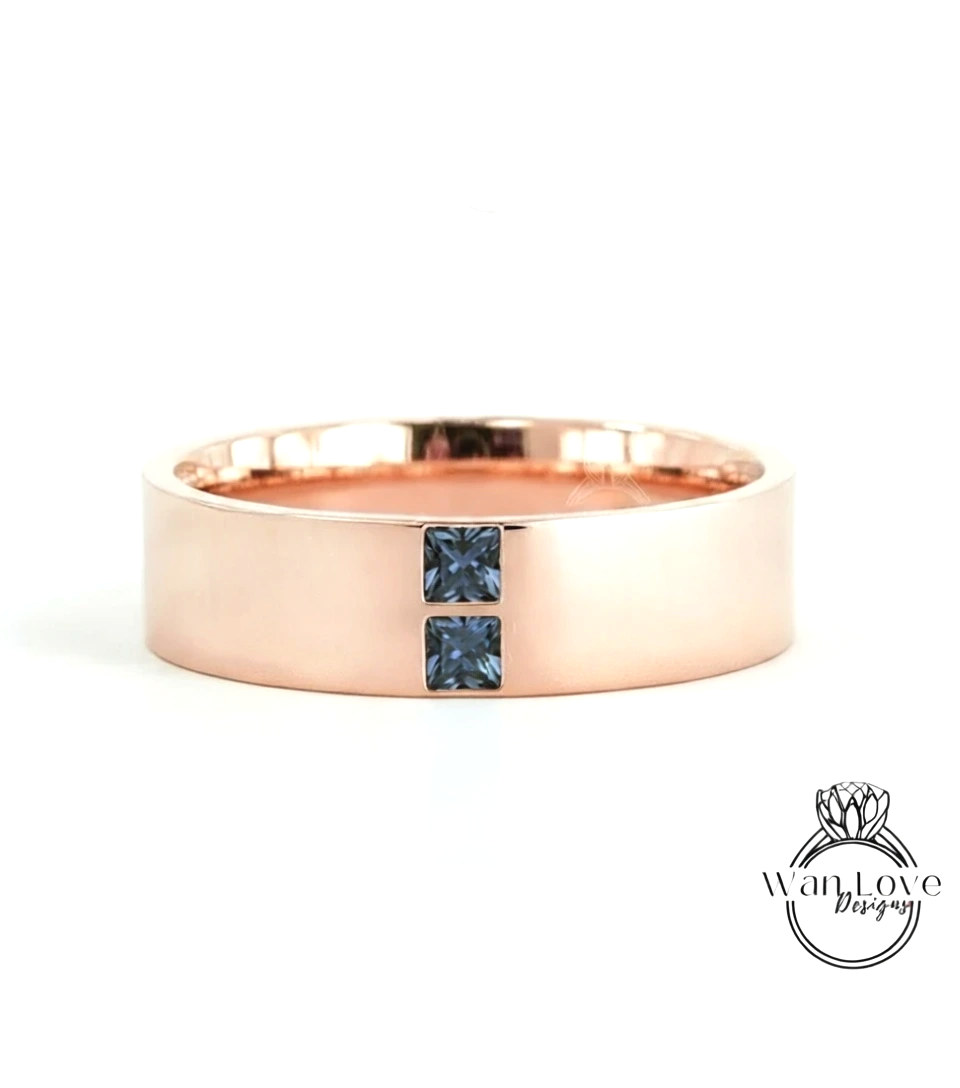 Mens Diamond Wedding Band, Princess Cut 2 gem Moissanite Mens Birthstone Wedding Band, Solid Gold 10k/14k/18k Wedding Ring