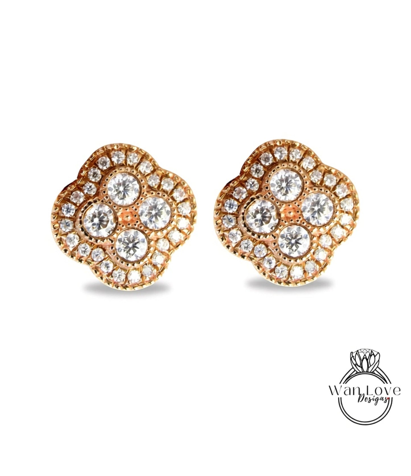 Round Cut Quatrefoil Halo Earrings, Rose Gold Earrings, Bridal Earrings, Wedding Jewelry, Moissanite Studs, Anniversary Gift, Ready to Ship Wan Love Designs
