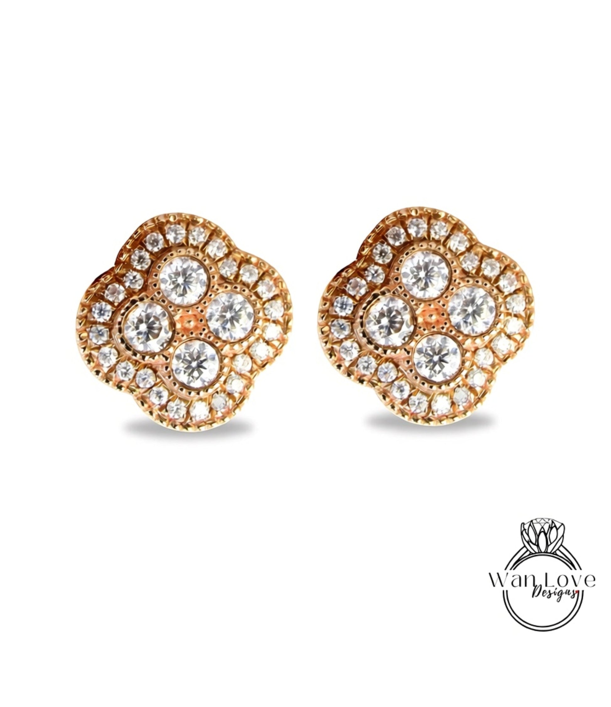 Round Cut Quatrefoil Halo Earrings, Rose Gold Earrings, Bridal Earrings, Wedding Jewelry, Moissanite Studs, Anniversary Gift, Ready to Ship Wan Love Designs