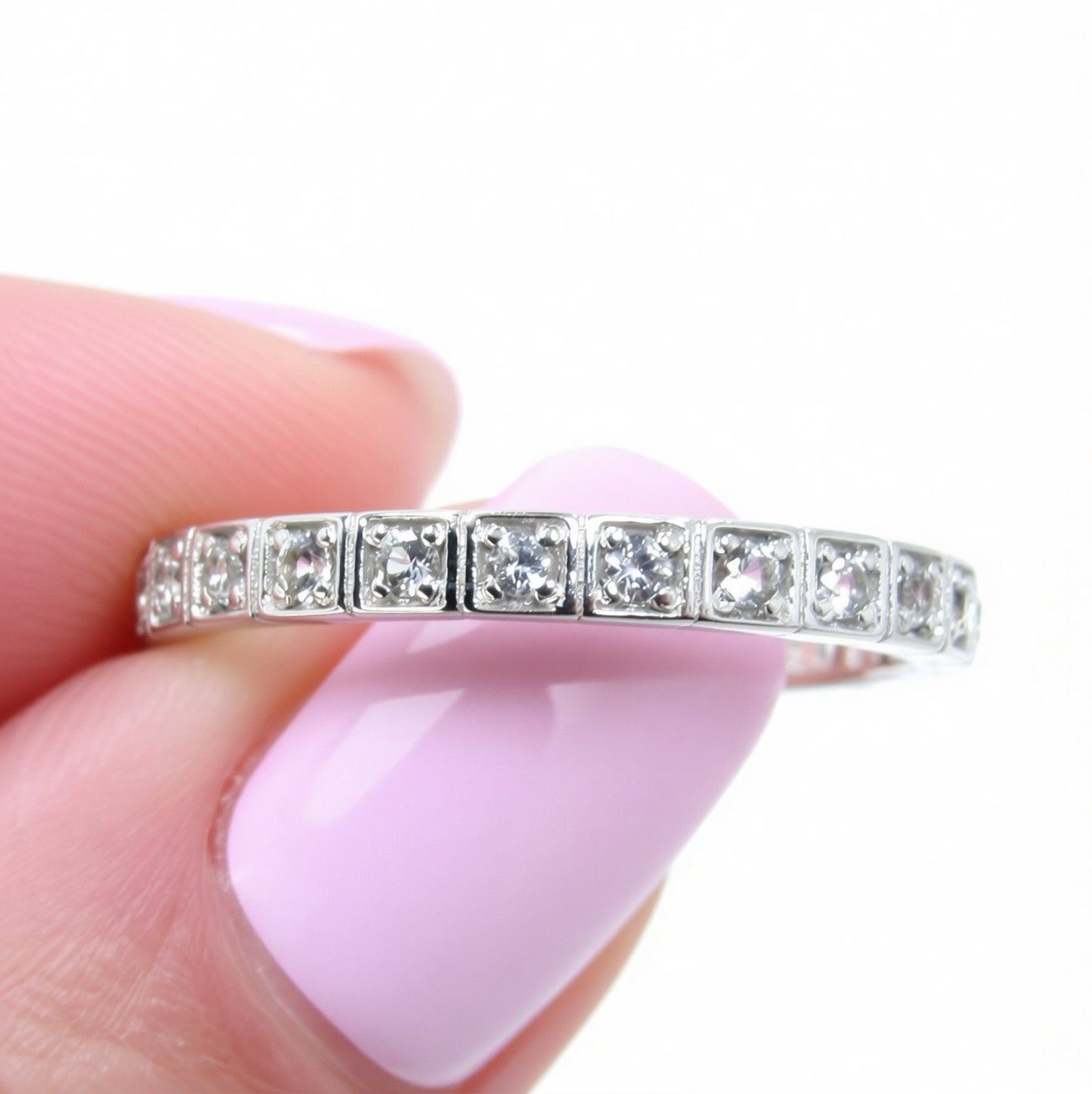 White Sapphire Almost Eternity Wedding Band Ring, Square Modern Band for Her, Custom, White Gold, Anniversary Gift, Ready to Ship