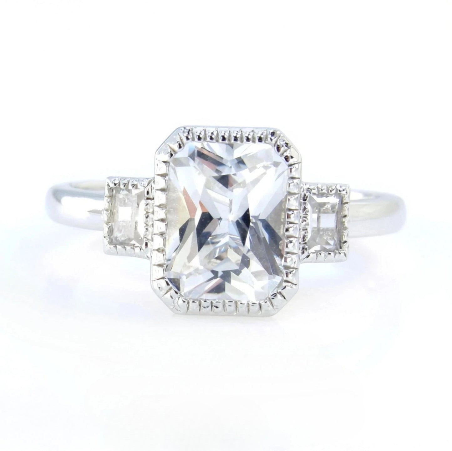 Emerald Bezel vintage engagement ring White Sapphire ring white gold ring art deco ring milgrain bezel ring anniversary ring, Ready to Ship