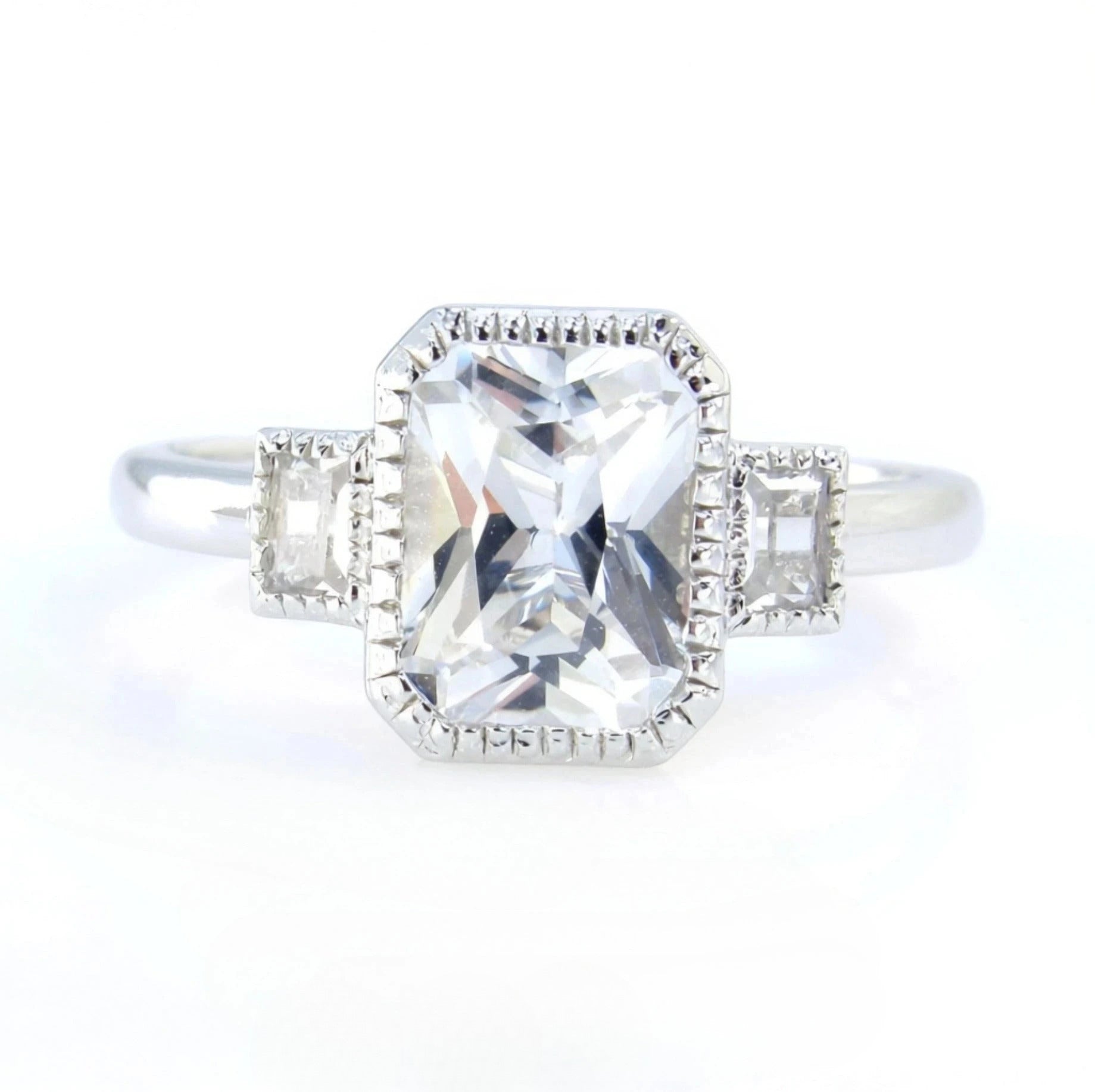 Emerald Bezel vintage engagement ring White Sapphire ring white gold ring art deco ring milgrain bezel ring anniversary ring, Ready to Ship