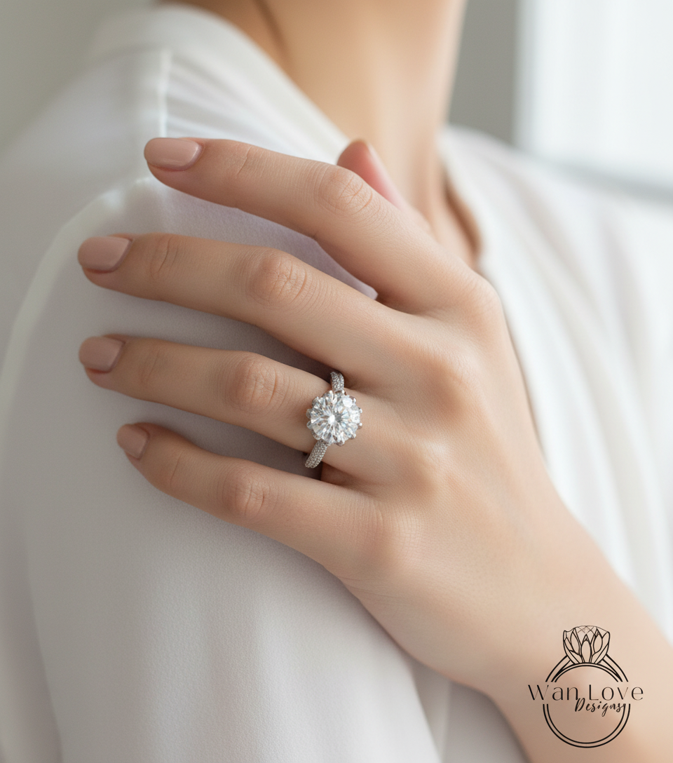 Anello di fidanzamento rotondo con fiore di loto bianco e diamante, 3 ct, 9 mm, matrimonio, regalo di anniversario, argento rodiato, spedizione ridimensionabile-veloce