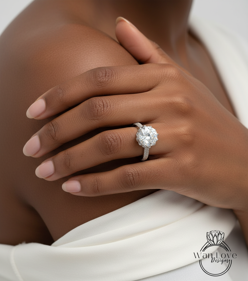Anello di fidanzamento rotondo con fiore di loto bianco e diamante, 3 ct, 9 mm, matrimonio, regalo di anniversario, argento rodiato, spedizione ridimensionabile-veloce