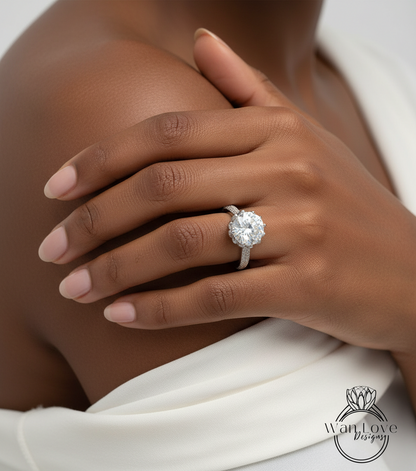 Anello di fidanzamento rotondo con fiore di loto bianco e diamante, 3 ct, 9 mm, matrimonio, regalo di anniversario, argento rodiato, spedizione ridimensionabile-veloce