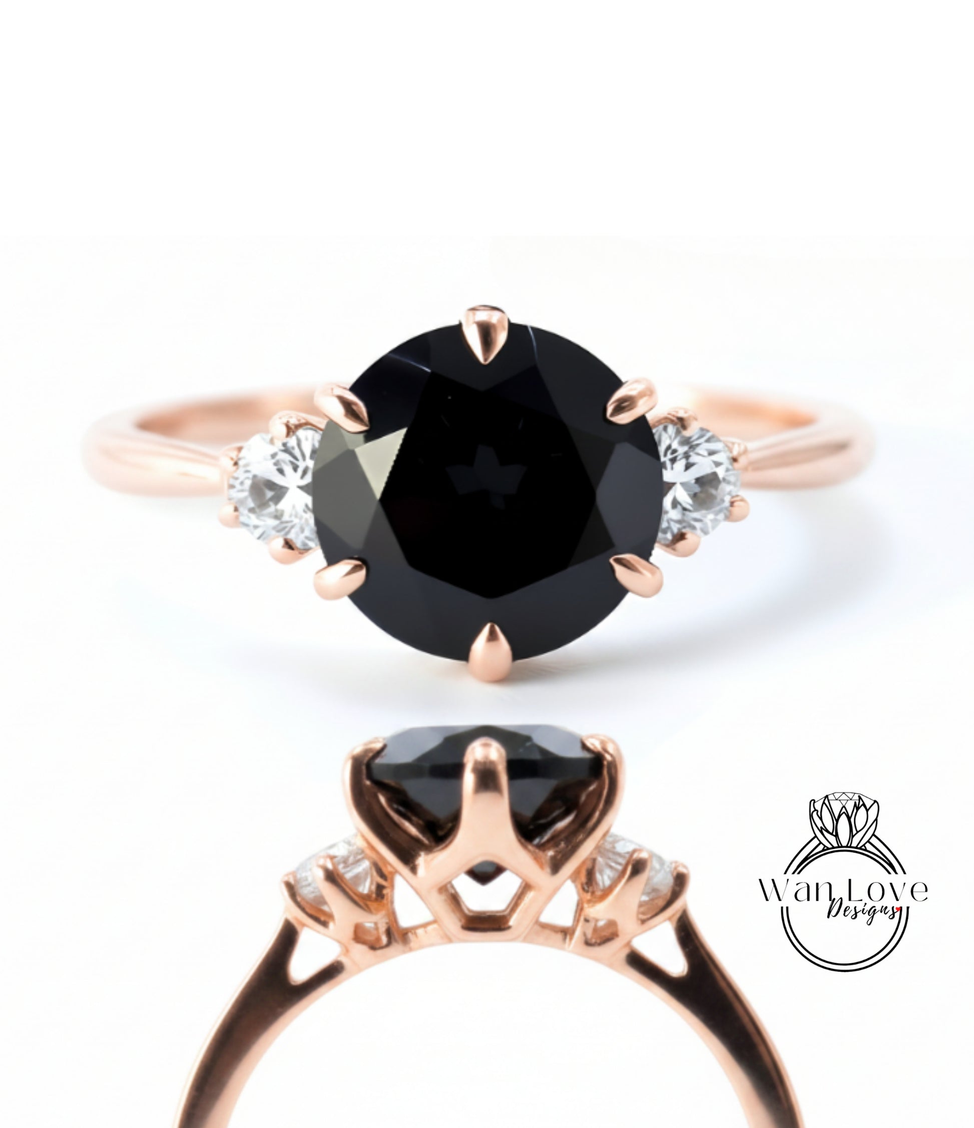 a rose gold ring with a large black diamond as the centerpiece, surrounded by smaller diamonds.