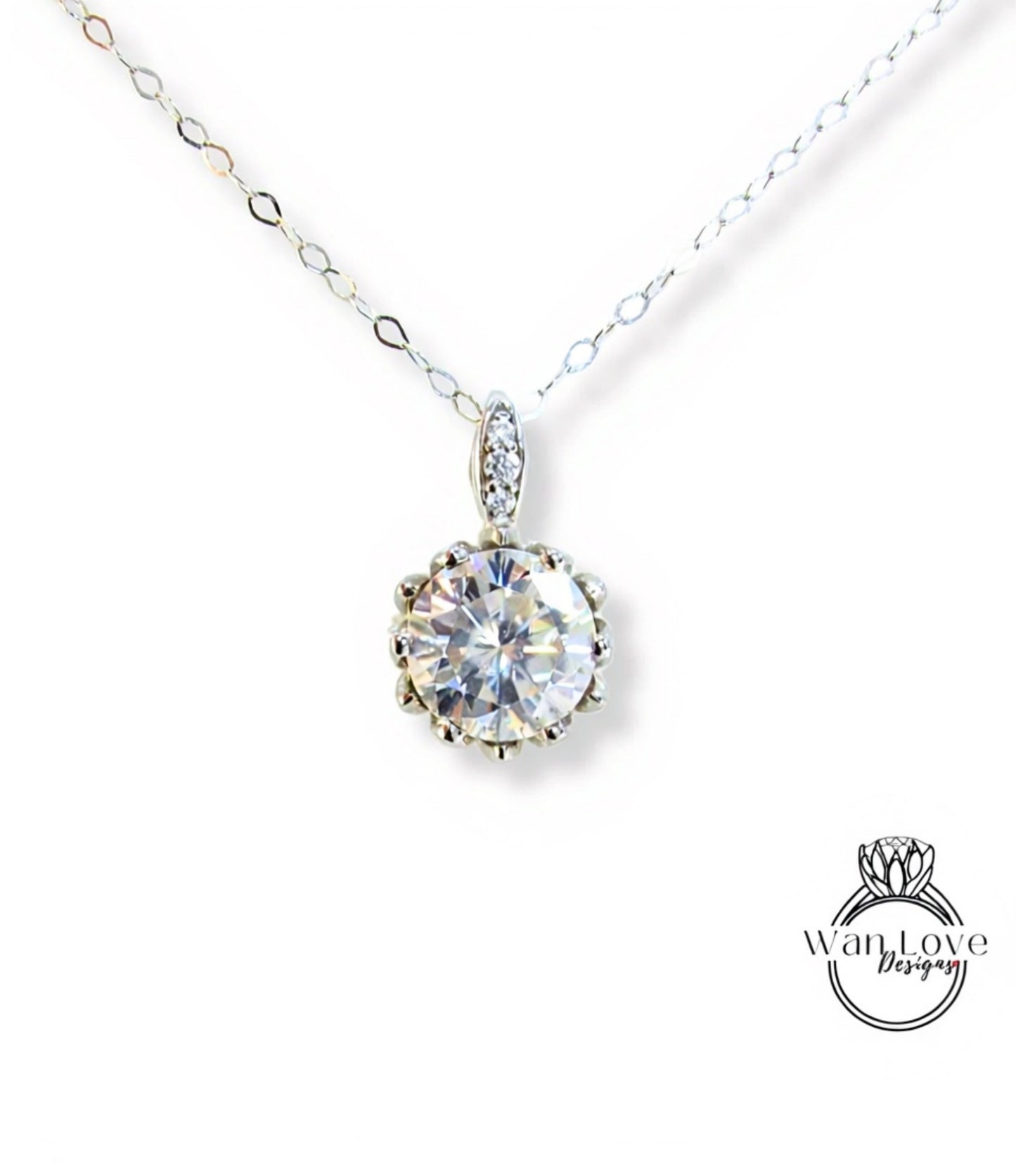 Lotus Flower Round Cut Moissanite Pendant Vintage Rose Gold Necklace Art Deco Moissanite Pendant Antique Charm Promise Wedding Necklace gift