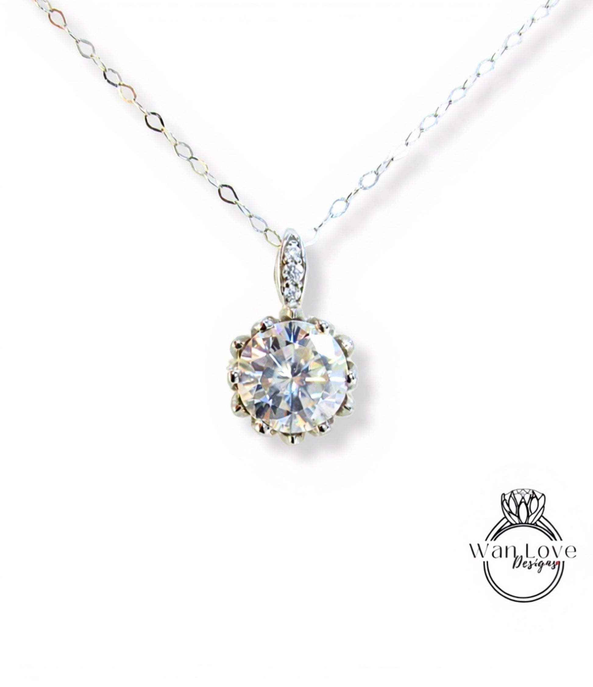 Lotus Flower Round Cut Moissanite Pendant Vintage Rose Gold Necklace Art Deco Moissanite Pendant Antique Charm Promise Wedding Necklace gift