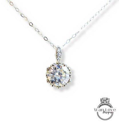 Lotus Flower Round Cut Moissanite Pendant Vintage Rose Gold Necklace Art Deco Moissanite Pendant Antique Charm Promise Wedding Necklace gift