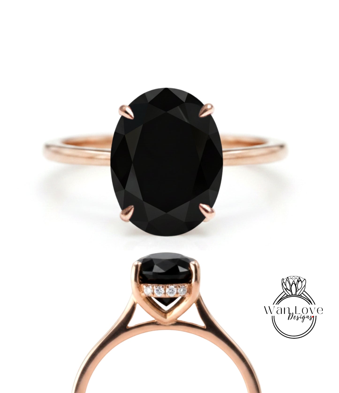 a rose gold ring with a large oval-shaped black gemstone, which appears to be a diamond.