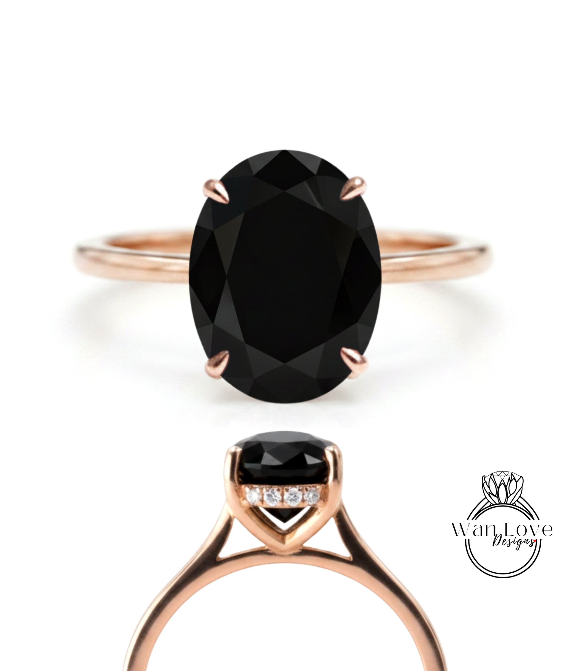 a rose gold ring with a large oval-shaped black gemstone, which appears to be a diamond.