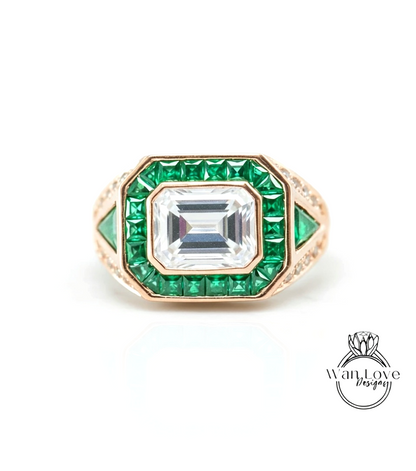 Mens Moissanite & Emerald Ring Art Deco Wedding Band Ring Bezel 3ct 9x7mm 14k 18k White Yellow Rose Gold-Platinum-Custom-Engagement