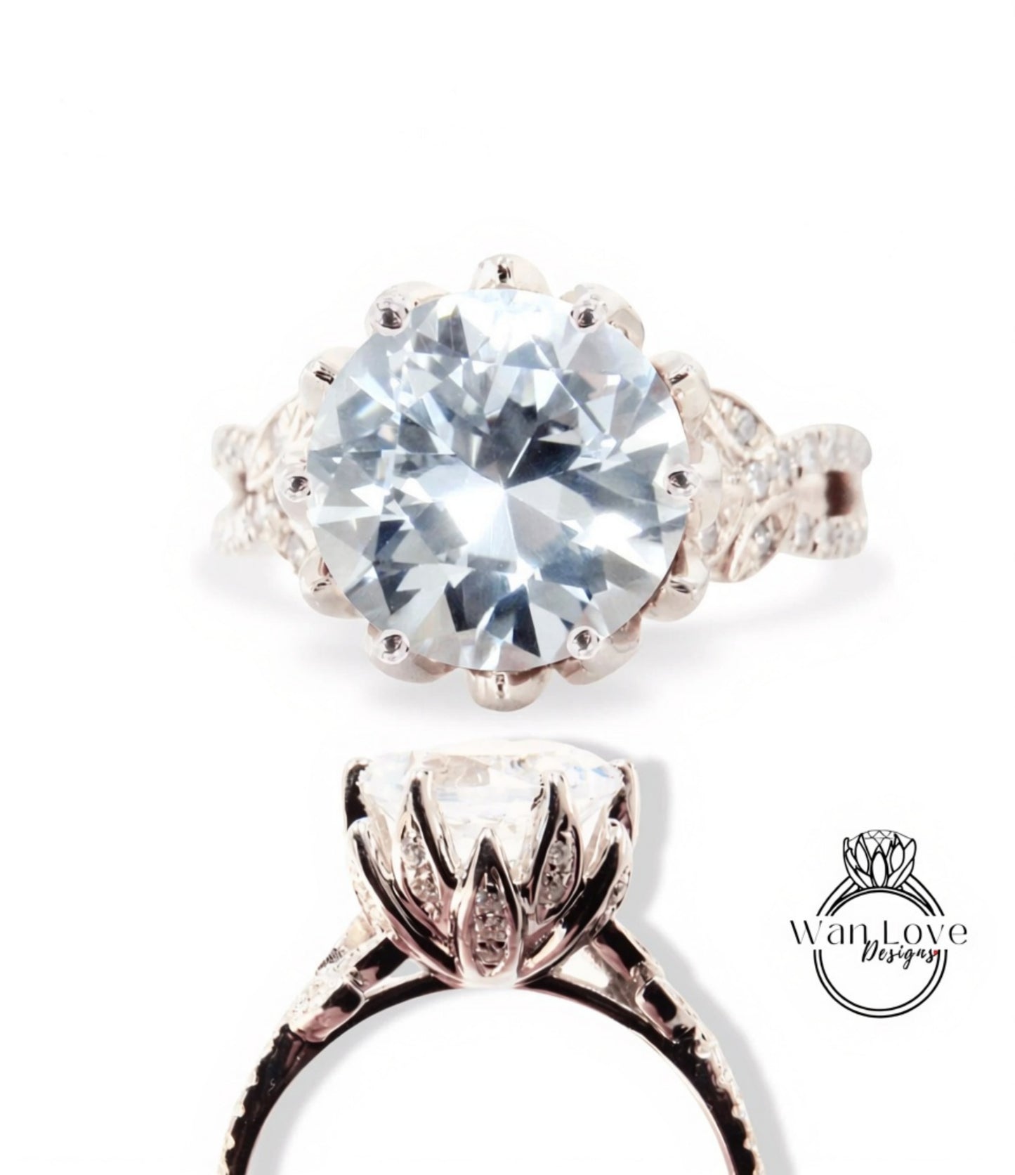 Lotus Flower White Sapphire & Moissanite Engagement Ring Split Shank Leaf ring 3ct round flower pave Wedding bridal Anniversary ring, Ready