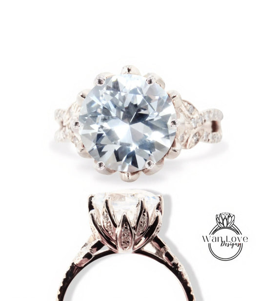 Lotus Flower White Sapphire & Moissanite Engagement Ring Split Shank Leaf ring 3ct round flower pave Wedding bridal Anniversary ring, Ready