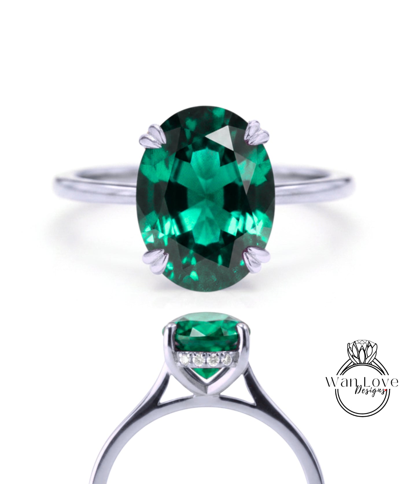 a silver ring with a large oval-shaped green gemstone, which appears to be a sapphire.