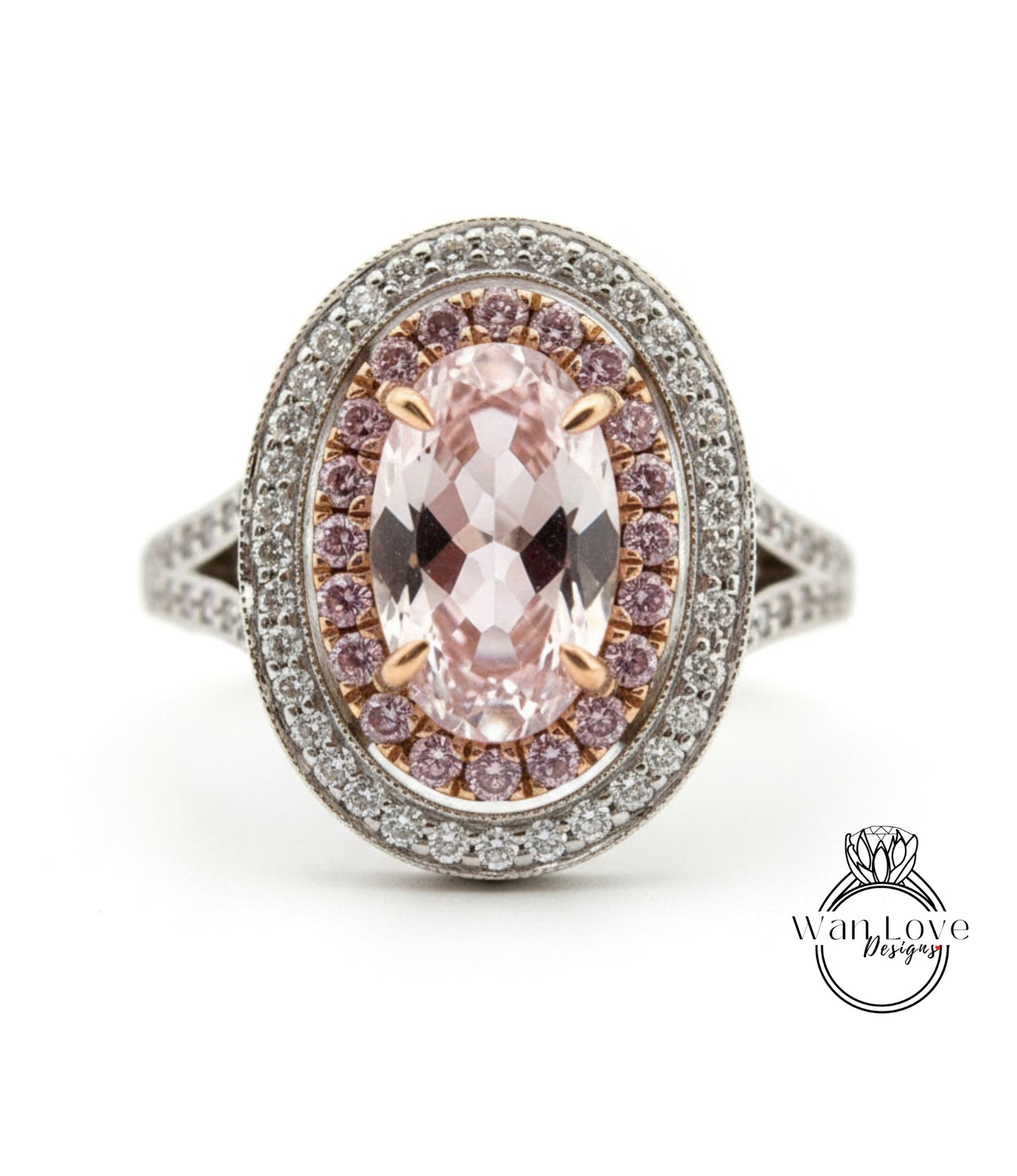 A close-up of a diamond ring with a large oval-shaped gemstone surrounded by smaller diamonds.