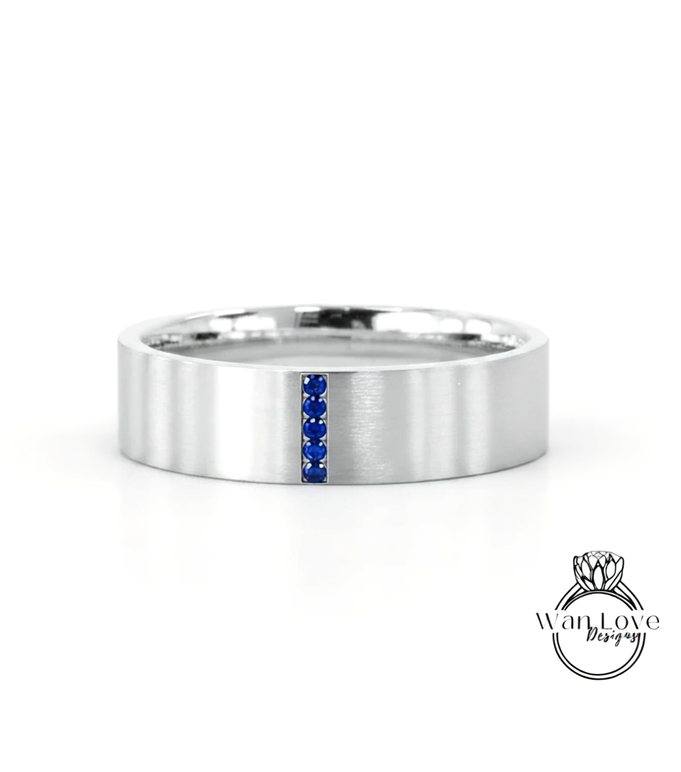 Solid gold men band flat wedding band Vintage Art deco Saphire band 14k solid white gold wedding band unique Bridal ring Anniversary Gift