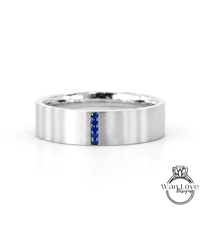 Solid gold men band flat wedding band Vintage Art deco Saphire band 14k solid white gold wedding band unique Bridal ring Anniversary Gift