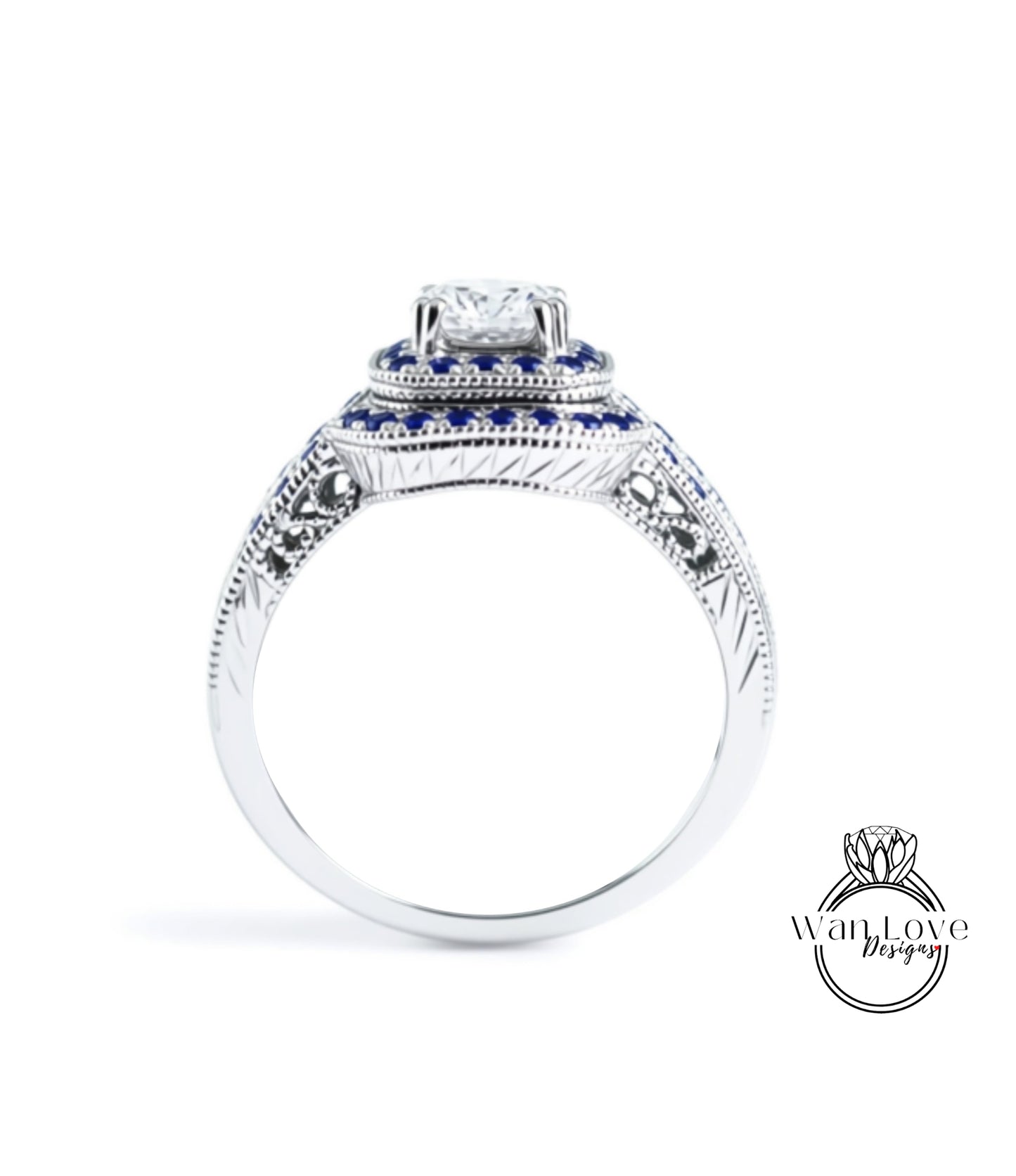 A silver ring with a large diamond at the center, surrounded by blue gemstones.
