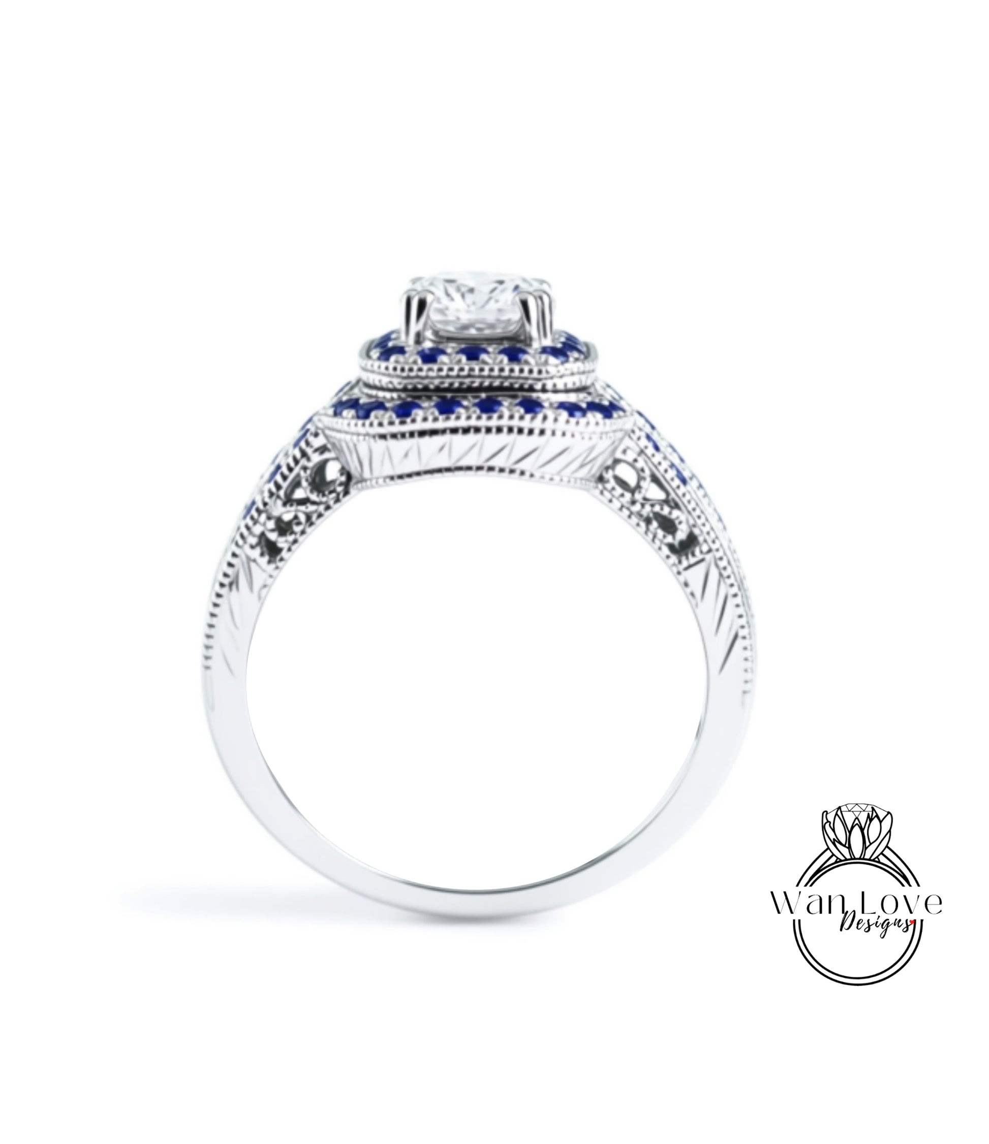 A silver ring with a large diamond at the center, surrounded by blue gemstones.