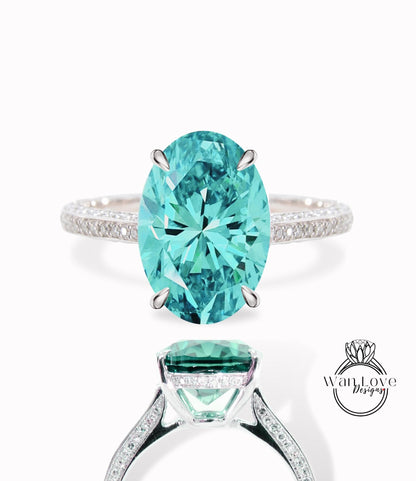 9ct Celebrity style Blue Moissanite & Diamond Engagement Ring, Oval Moissanite Ring, Diamonds side hidden halo ring, Bridal Wedding Ring her Wan Love Designs