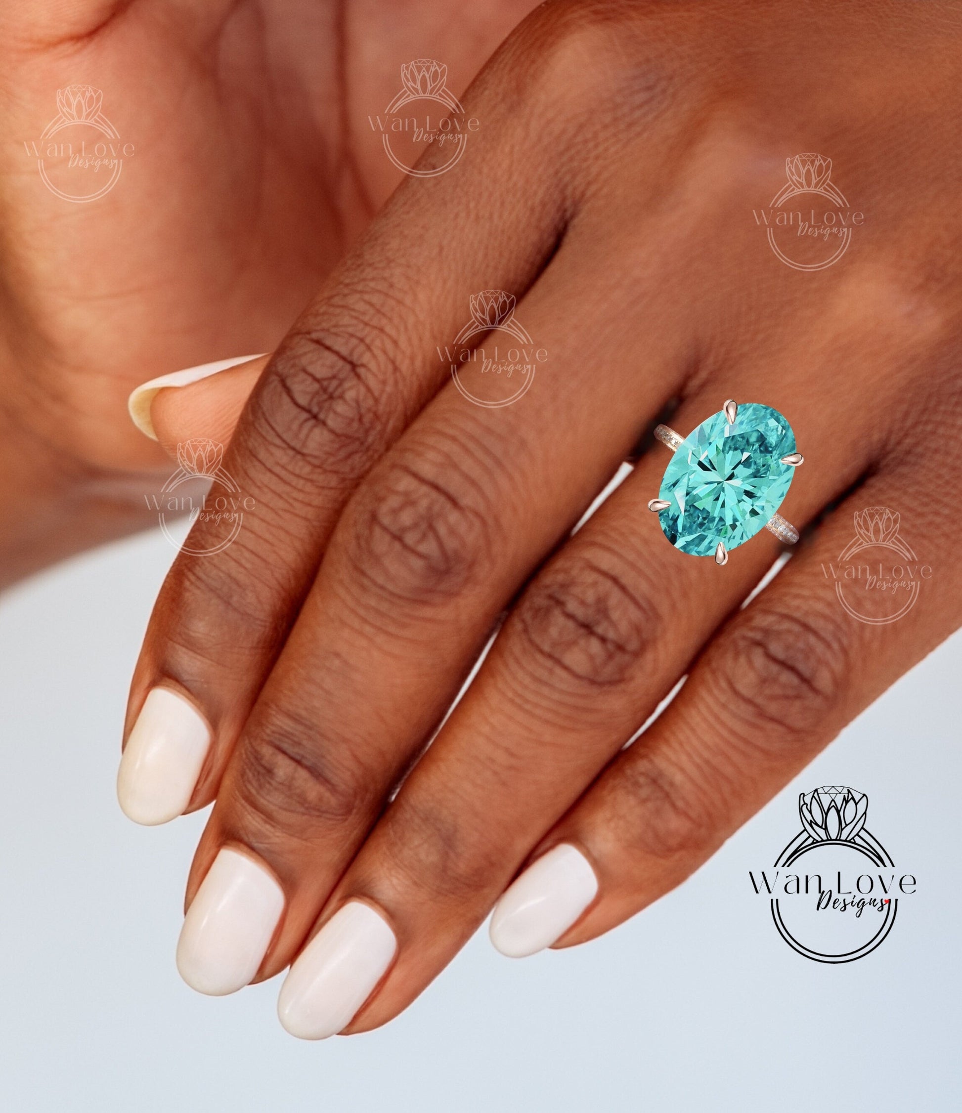 9ct Celebrity style Blue Moissanite & Diamond Engagement Ring, Oval Moissanite Ring, Diamonds side hidden halo ring, Bridal Wedding Ring her Wan Love Designs