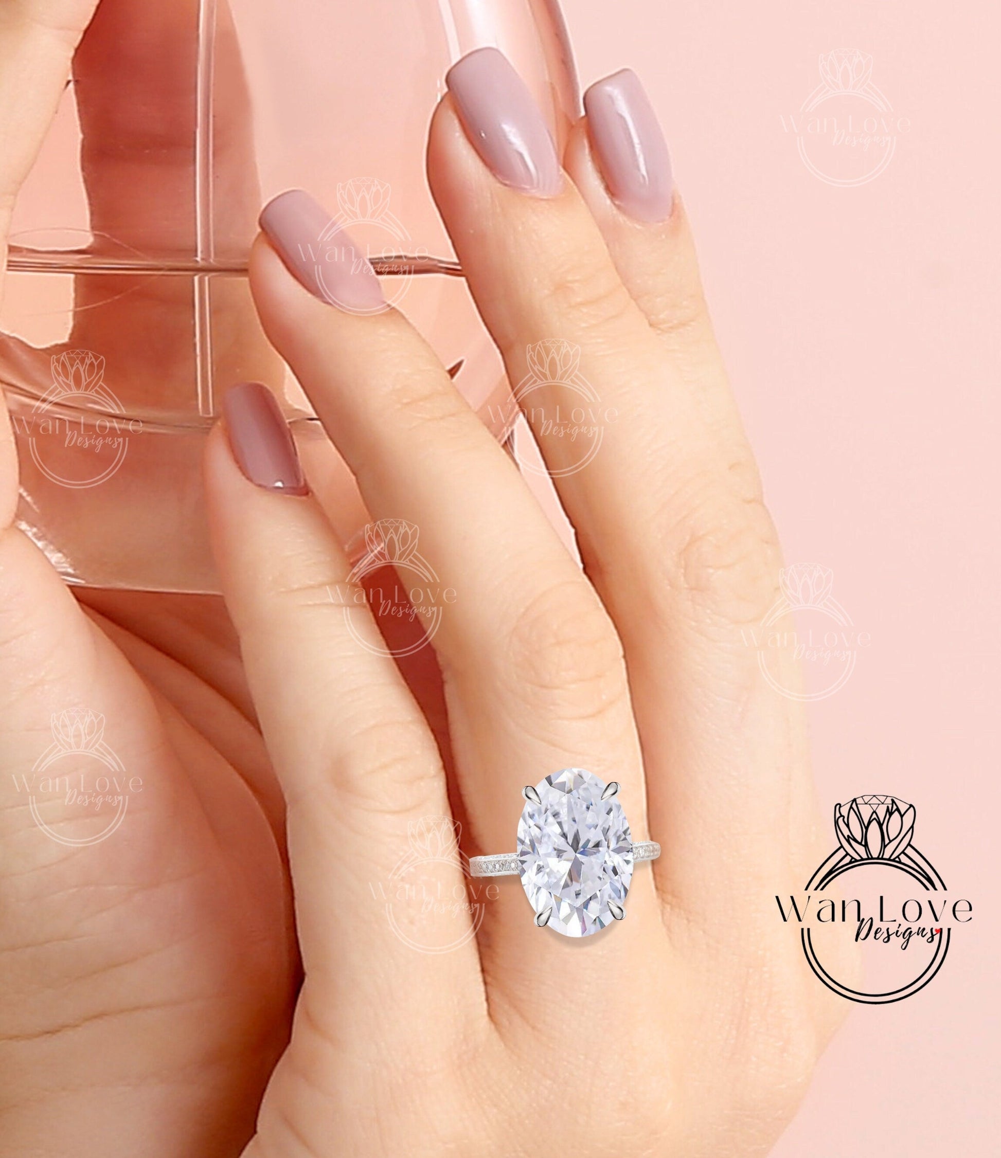 9ct Celebrity style Moissanite Diamond Engagement Ring, Oval cut Moissanite Ring, Diamonds side hidden halo ring, Bridal Wedding Ring her Wan Love Designs