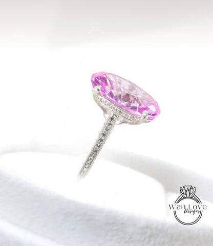 9ct Celebrity style Pink Sapphire engagement ring Oval side halo rose gold almost eternity band diamond bridal ring Promise Anniversary Wan Love Designs