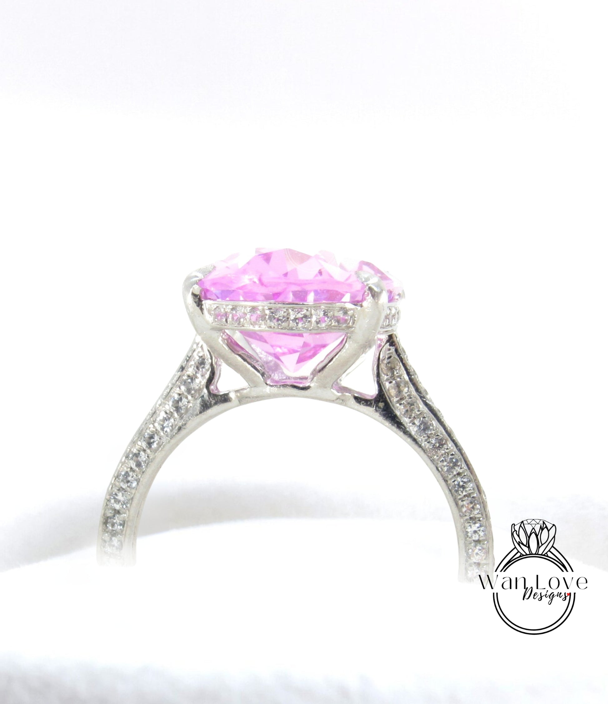 9ct Celebrity style Pink Sapphire engagement ring Oval side halo rose gold almost eternity band diamond bridal ring Promise Anniversary Wan Love Designs