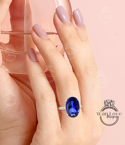 9ct Oval Blue Sapphire Diamond 3 sided shank Engagement Ring, Celebrity style 18k White Gold Ring, Wedding Anniversary Gift, Ready to Ship Wan Love Designs