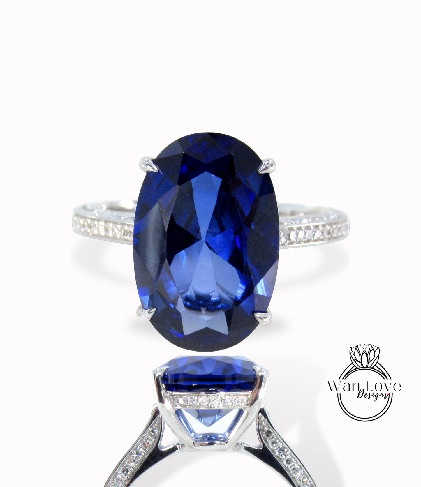 9ct Oval Blue Sapphire Diamond 3 sided shank Engagement Ring, Celebrity style 18k White Gold Ring, Wedding Anniversary Gift, Ready to Ship Wan Love Designs