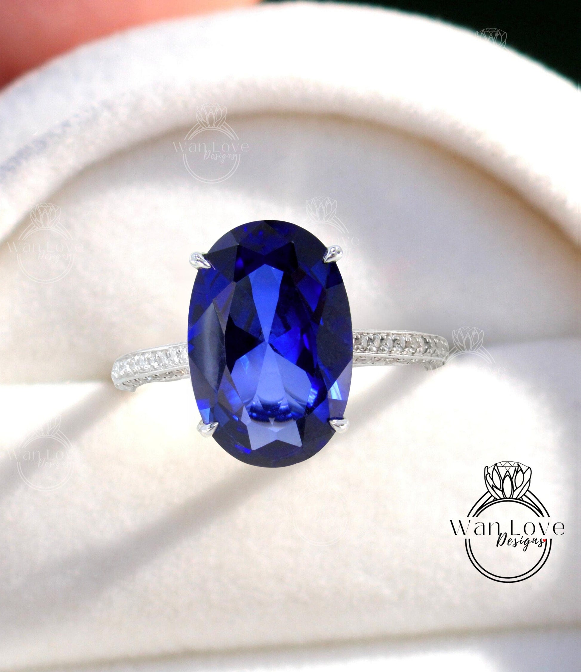 9ct Oval Blue Sapphire Diamond 3 sided shank Engagement Ring, Celebrity style 18k White Gold Ring, Wedding Anniversary Gift, Ready to Ship Wan Love Designs