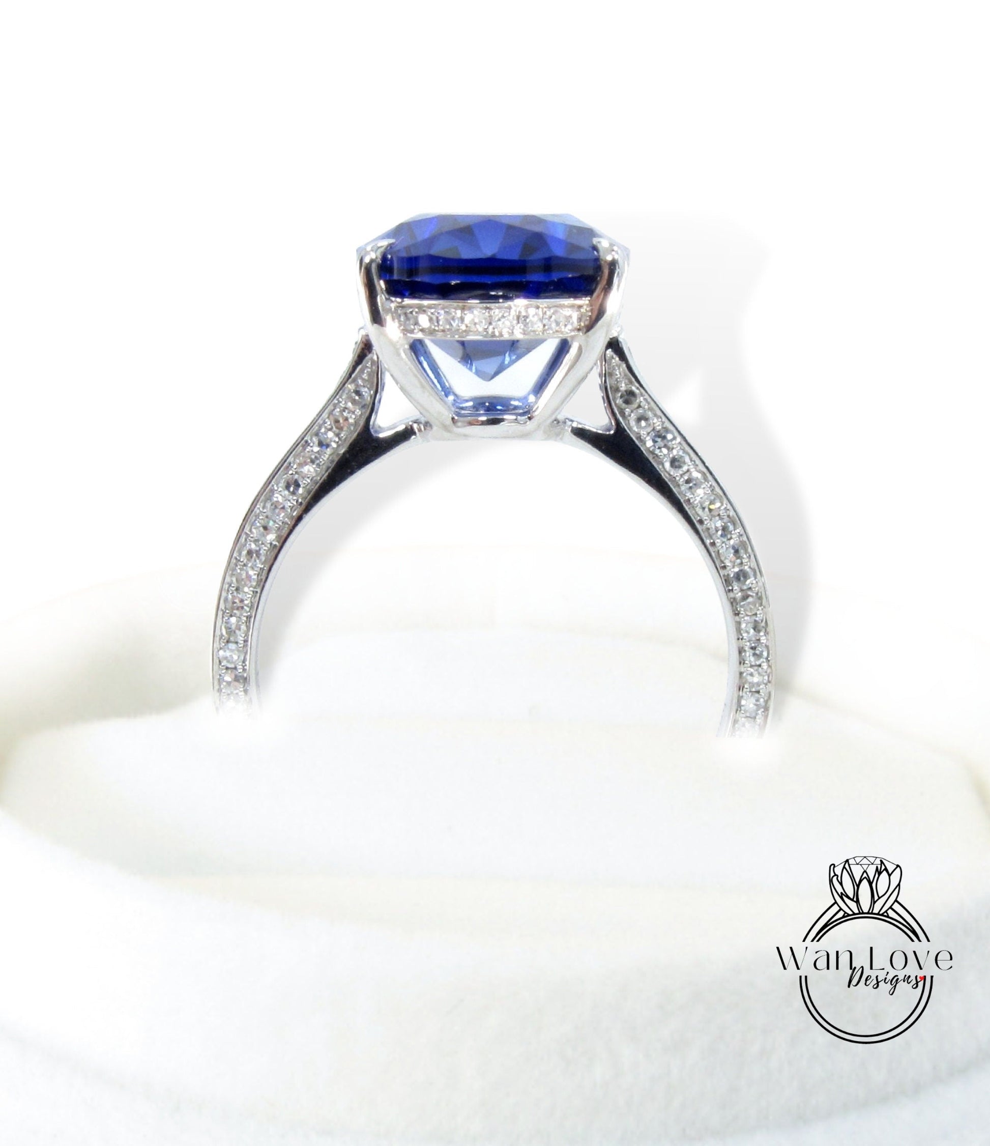 9ct Oval Blue Sapphire Diamond 3 sided shank Engagement Ring, Celebrity style 18k White Gold Ring, Wedding Anniversary Gift, Ready to Ship Wan Love Designs