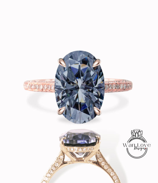 9ct Oval Gray Moissanite & Diamonds Oval Engagement Ring, Celebrity style Ring, Oval Moissanite Wedding Ring, Bridal Ring Design, Gift her Wan Love Designs