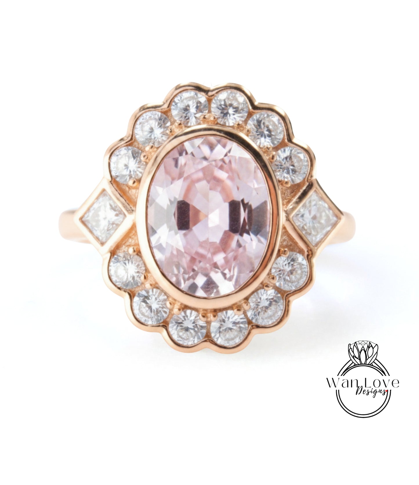A gold ring with a large oval-shaped gemstone at the center, surrounded by smaller diamonds.